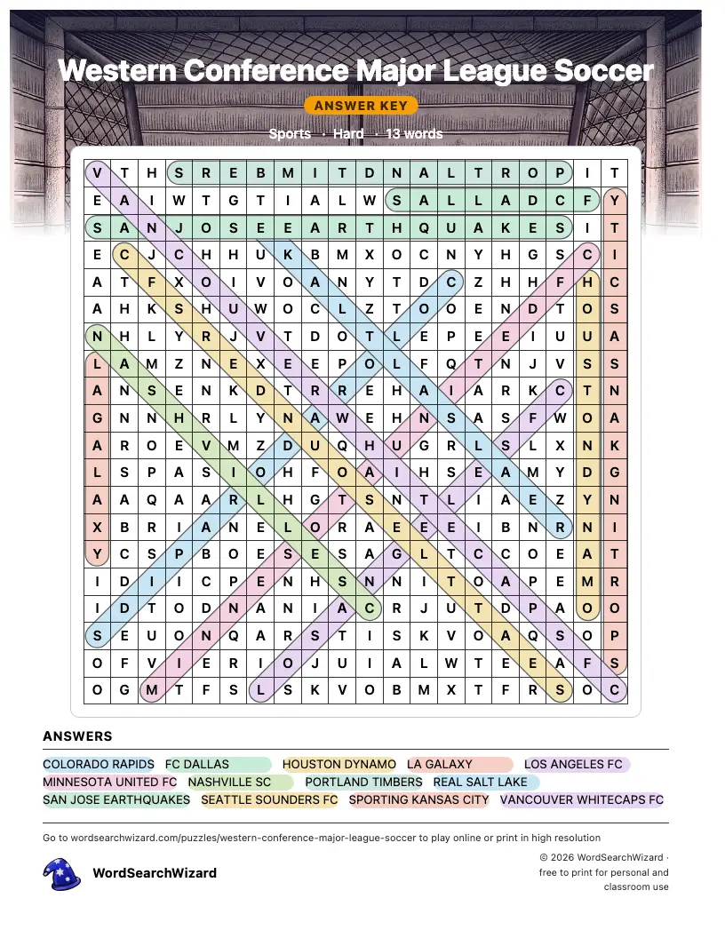 Western Conference Major League Soccer word search answer key, all 13 words marked