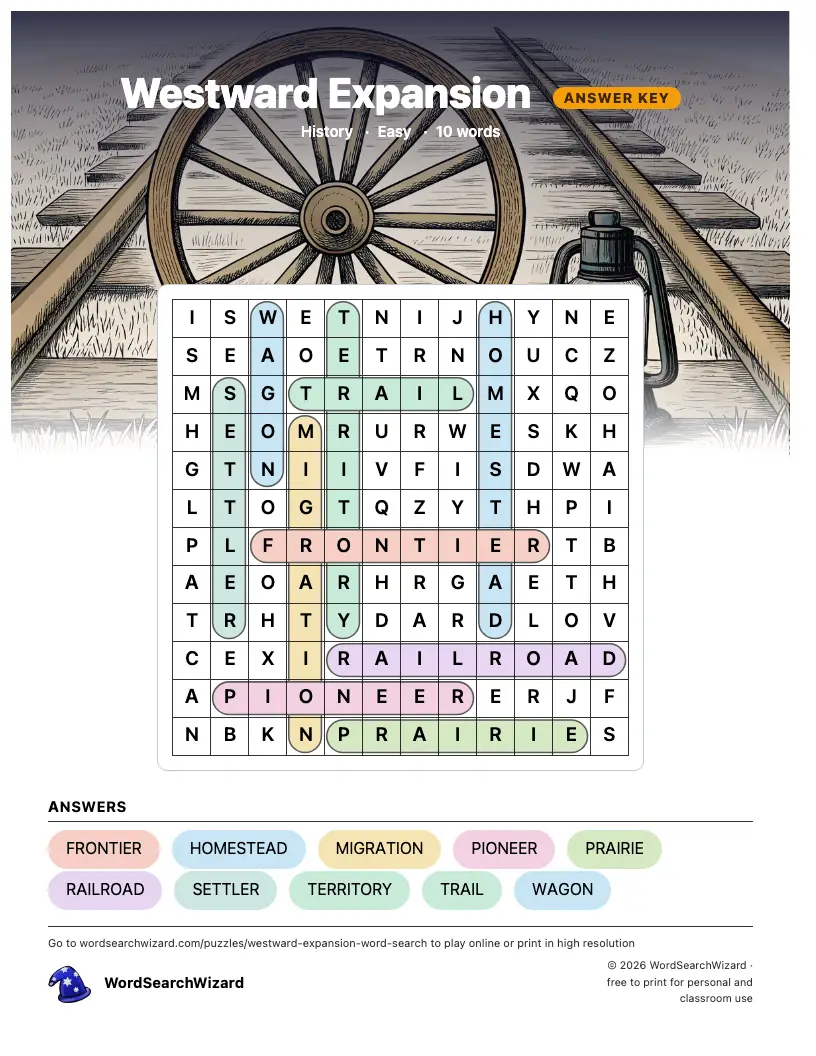 Westward Expansion word search answer key, all 10 words marked