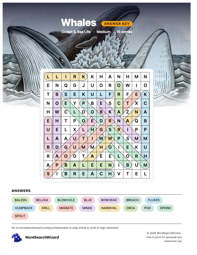 Whales word search answer key, all 16 words marked