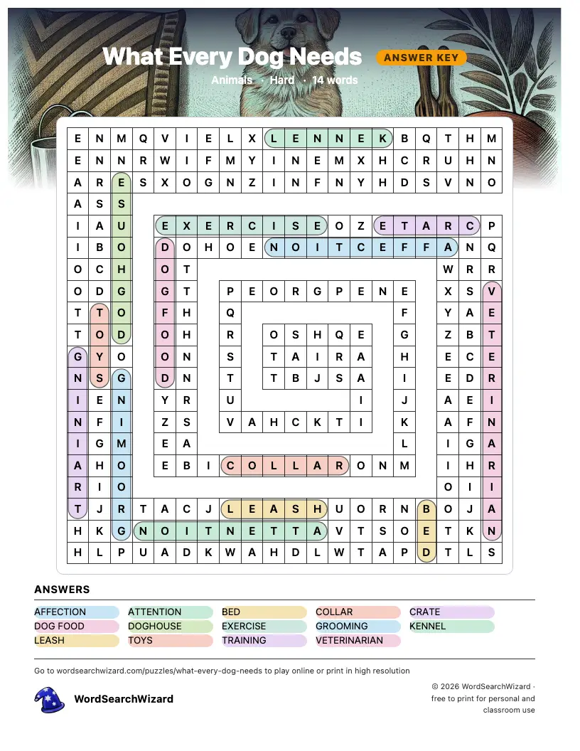 What Every Dog Needs word search answer key, all 14 words marked