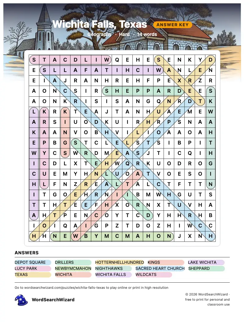 Wichita Falls, Texas word search answer key, all 14 words marked