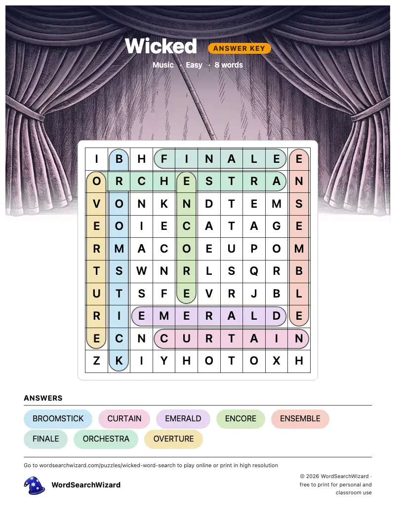 Wicked word search answer key, all 8 words marked