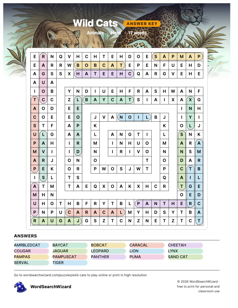 Wild Cats word search answer key, all 17 words marked