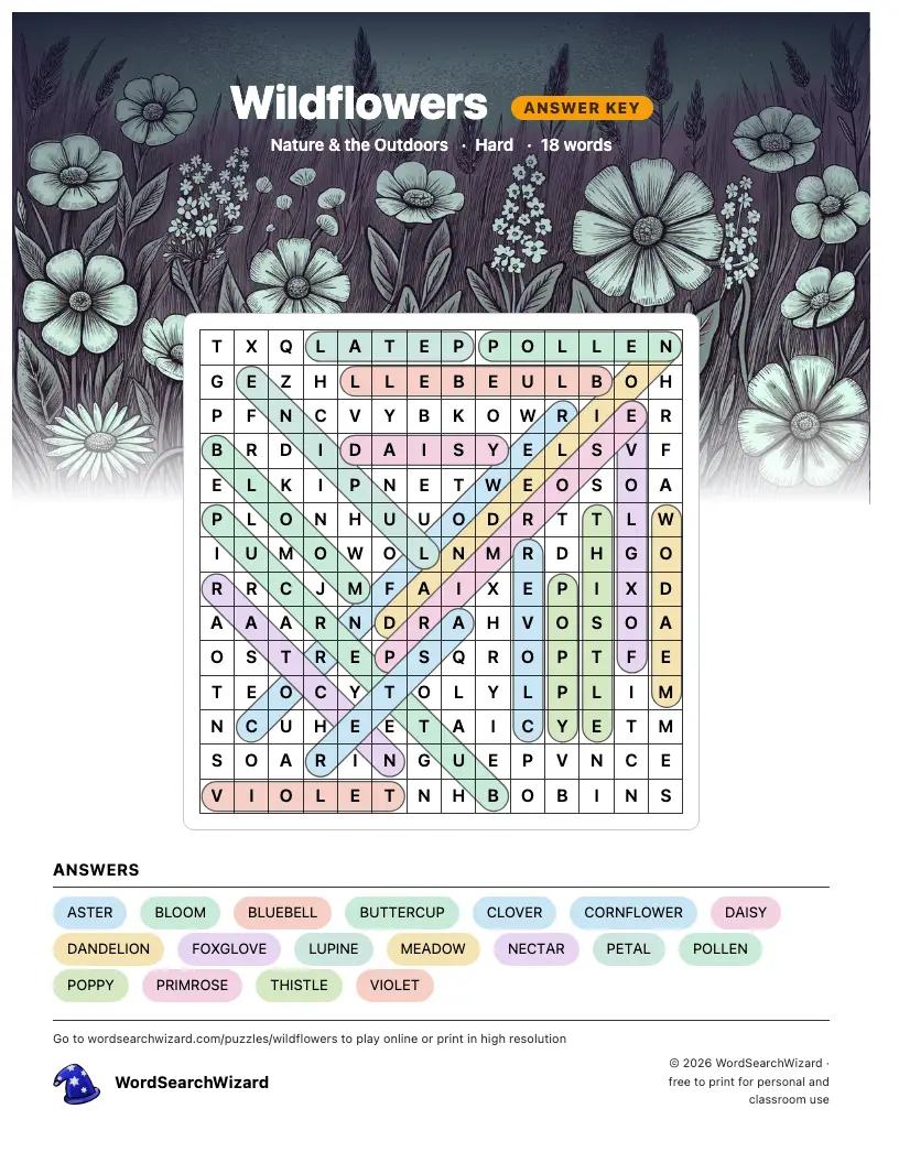Wildflowers word search answer key, all 18 words marked