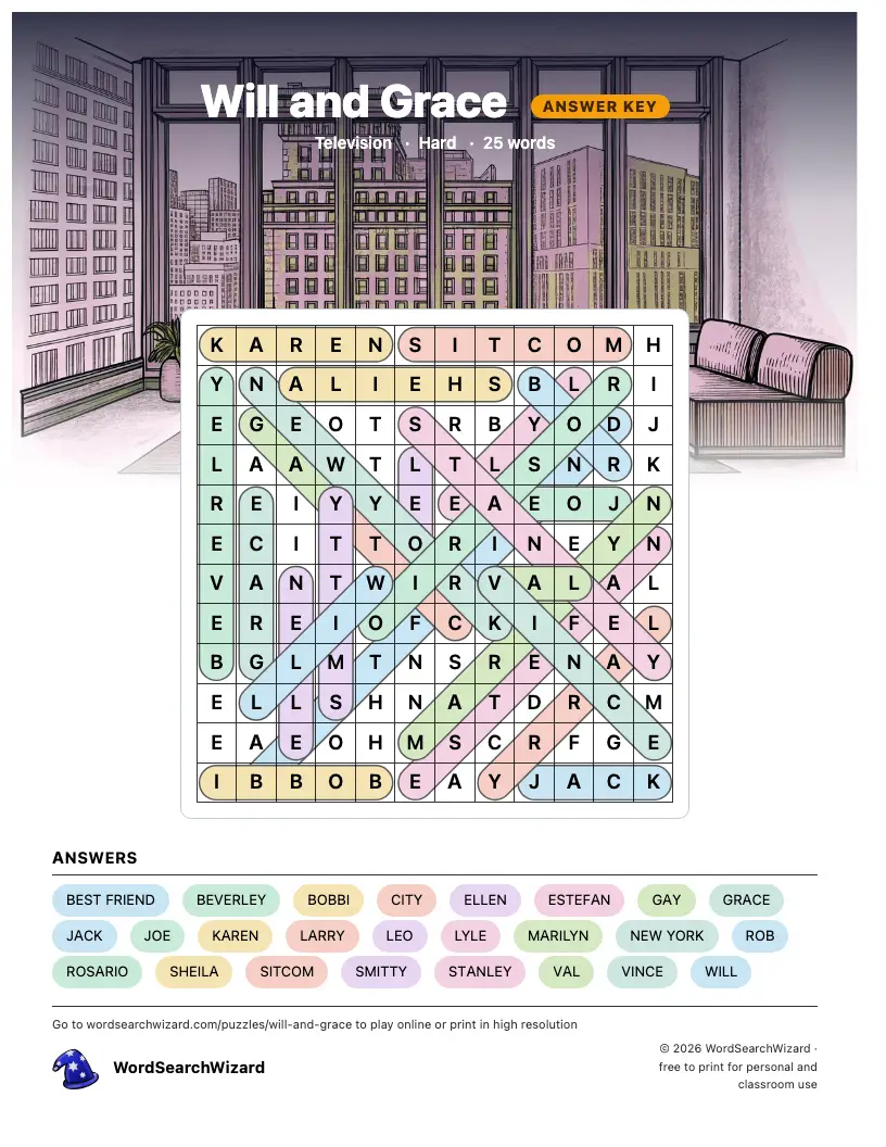Will and Grace word search answer key, all 25 words marked