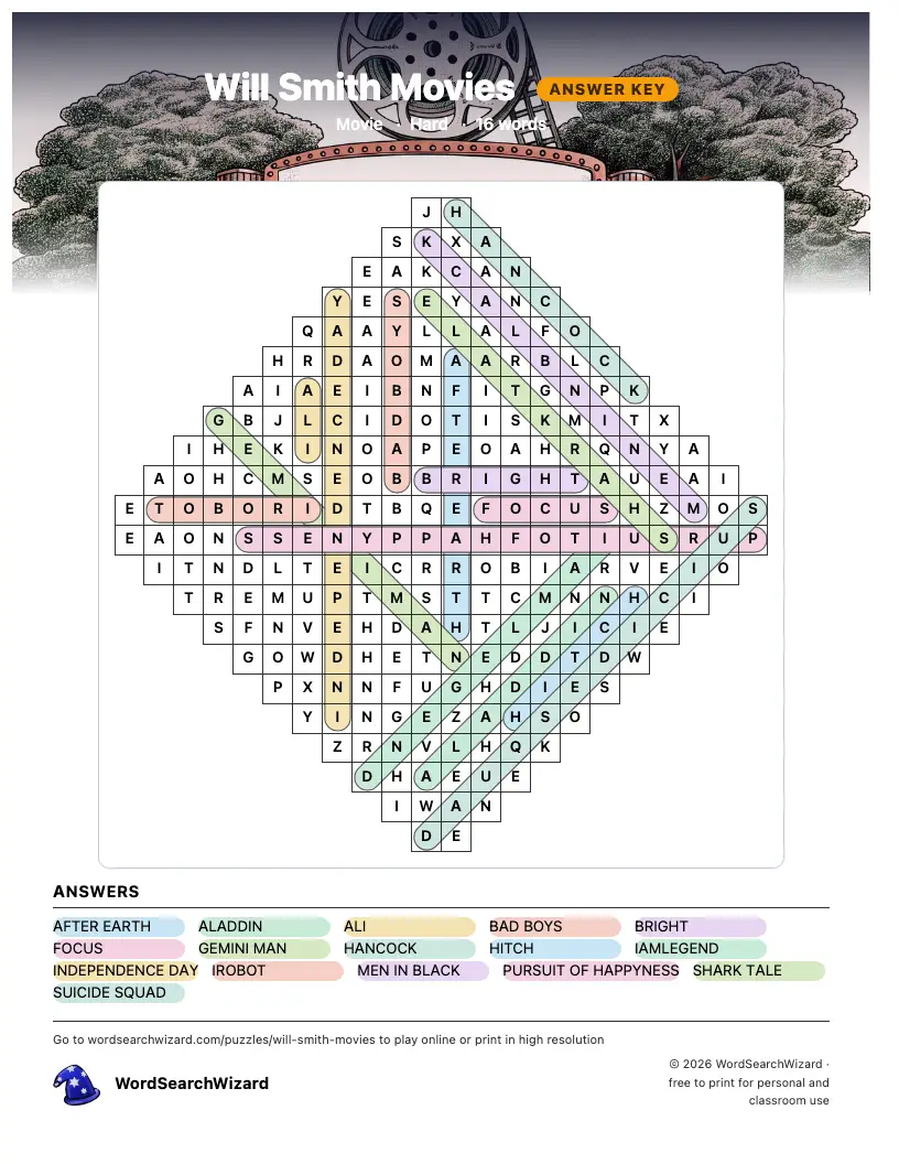 Will Smith Movies word search answer key, all 16 words marked