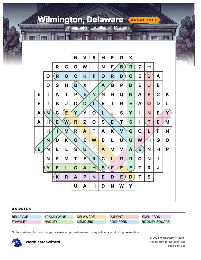 Wilmington, Delaware word search answer key, all 10 words marked