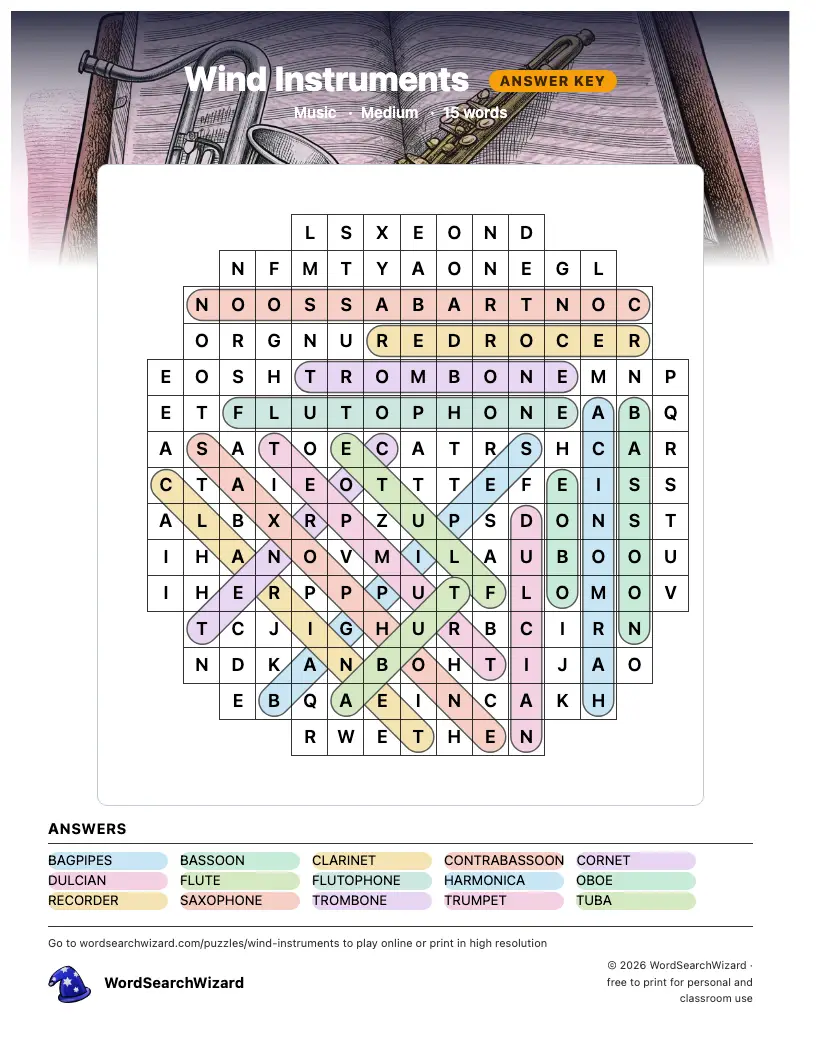 Wind Instruments word search answer key, all 15 words marked