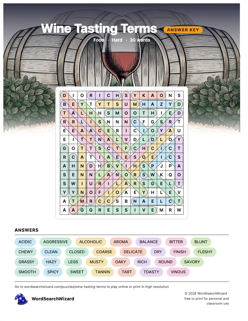 Wine Tasting Terms word search answer key, all 30 words marked