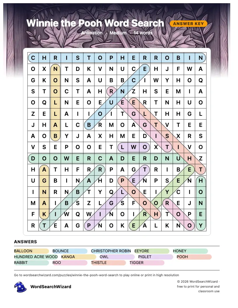 Winnie the Pooh word search answer key, all 14 words marked