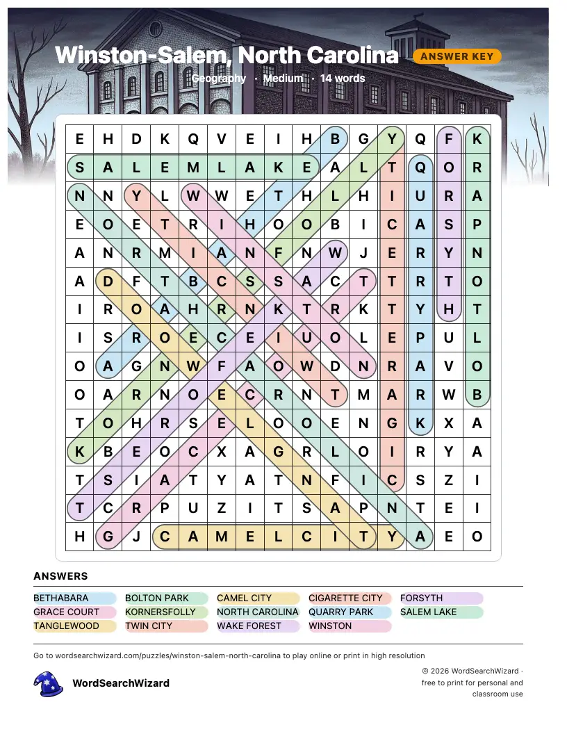 Winston-Salem, North Carolina word search answer key, all 14 words marked