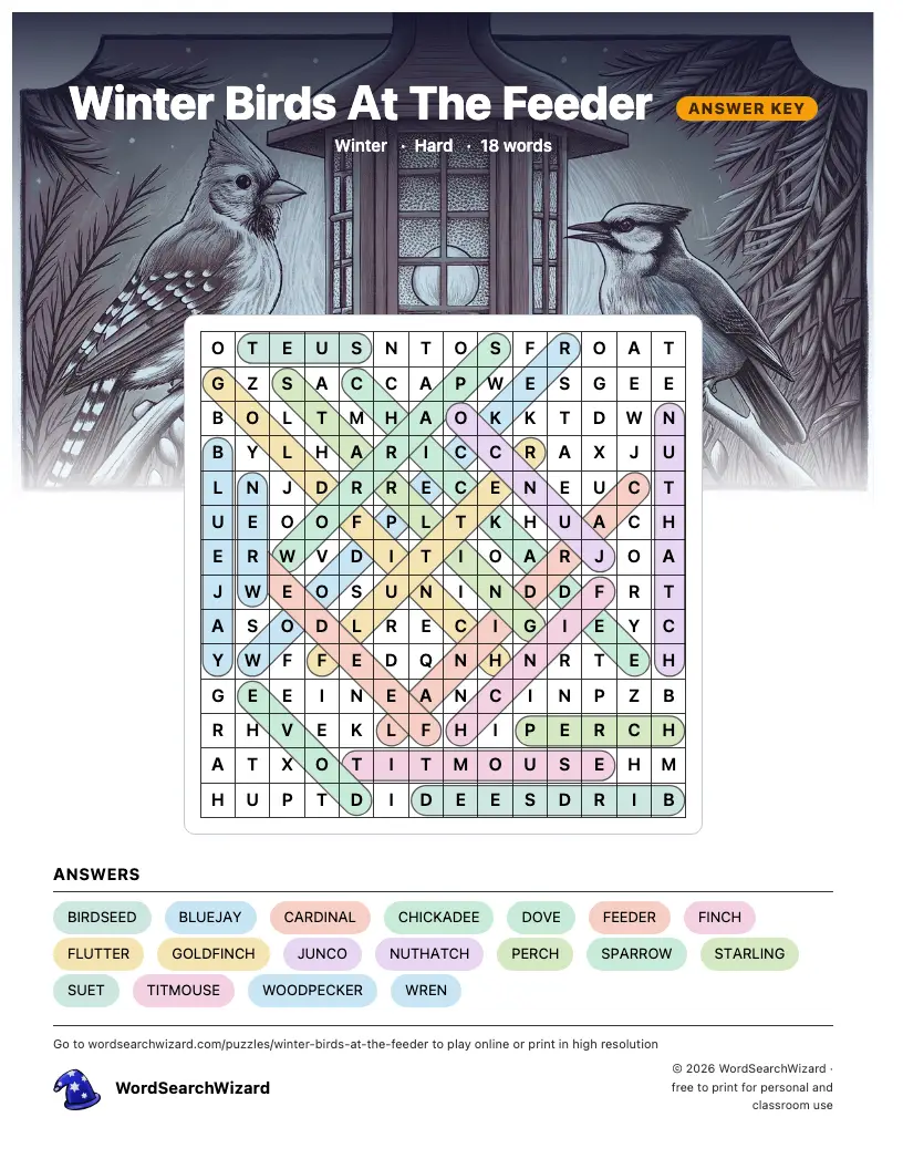 Winter Birds At The Feeder word search answer key, all 18 words marked