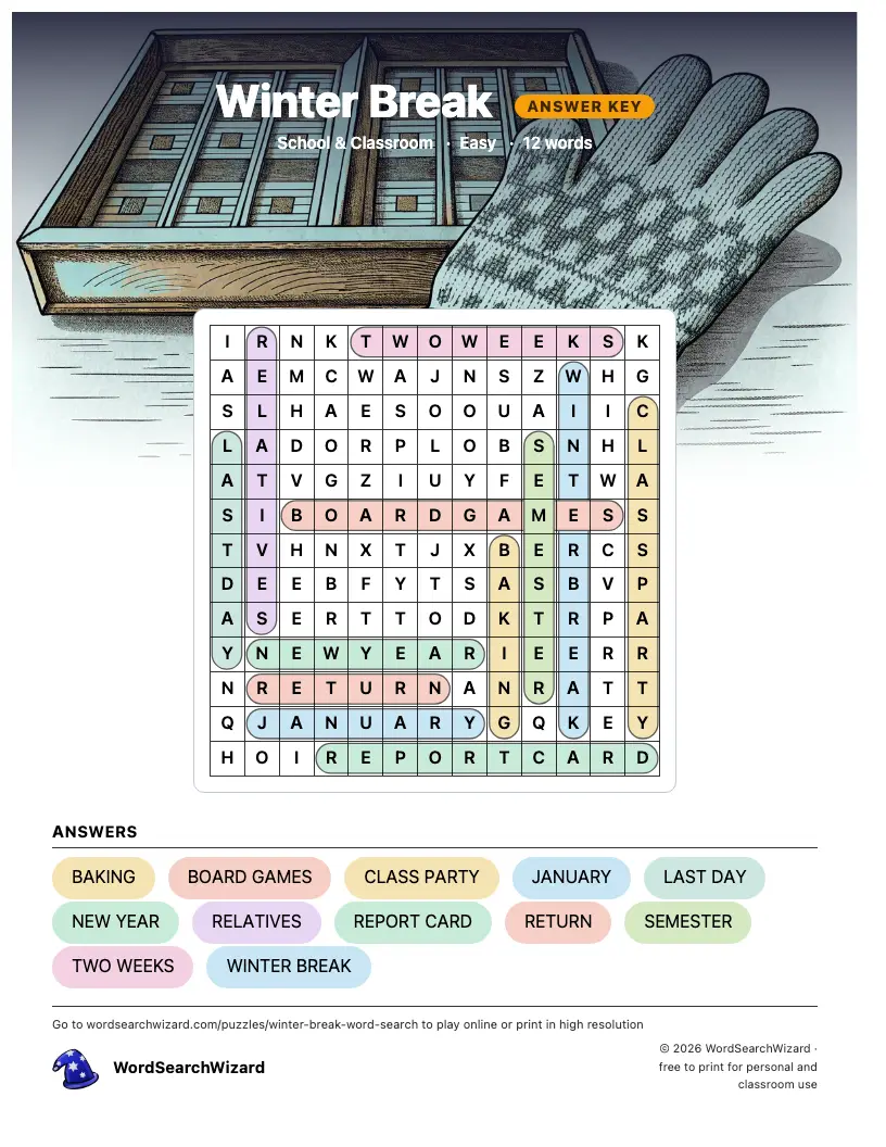Winter Break word search answer key, all 12 words marked