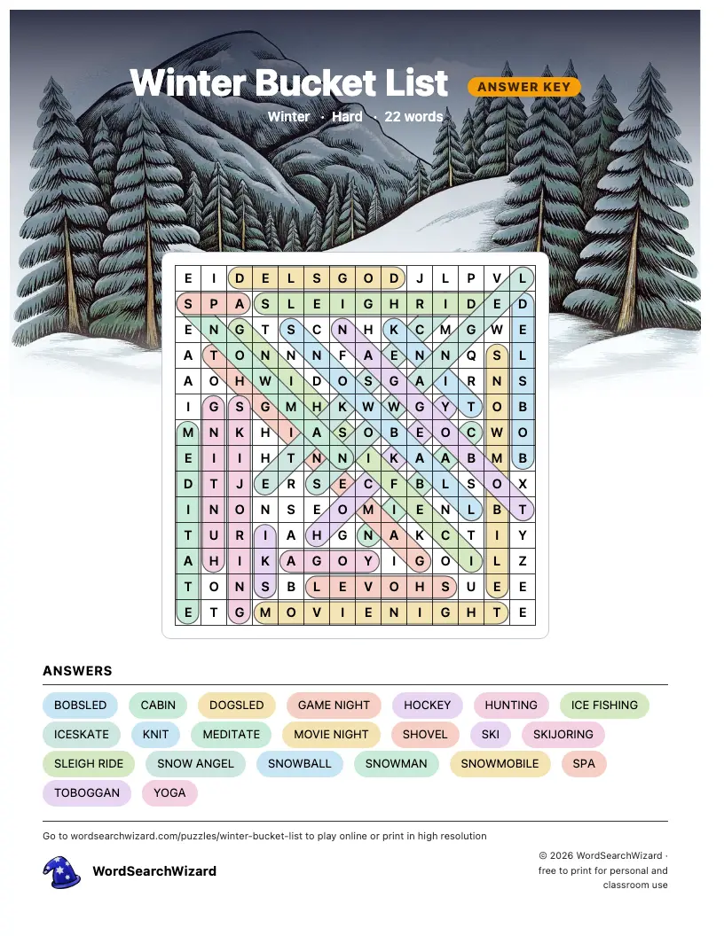 Winter Bucket List word search answer key, all 22 words marked
