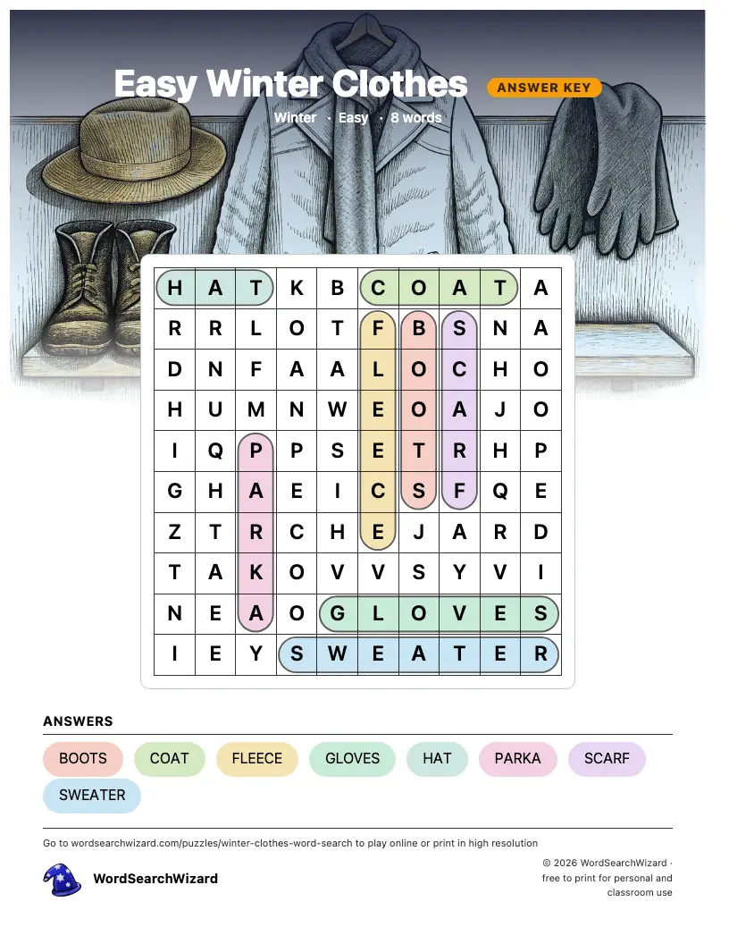 Easy Winter Clothes word search answer key, all 8 words marked