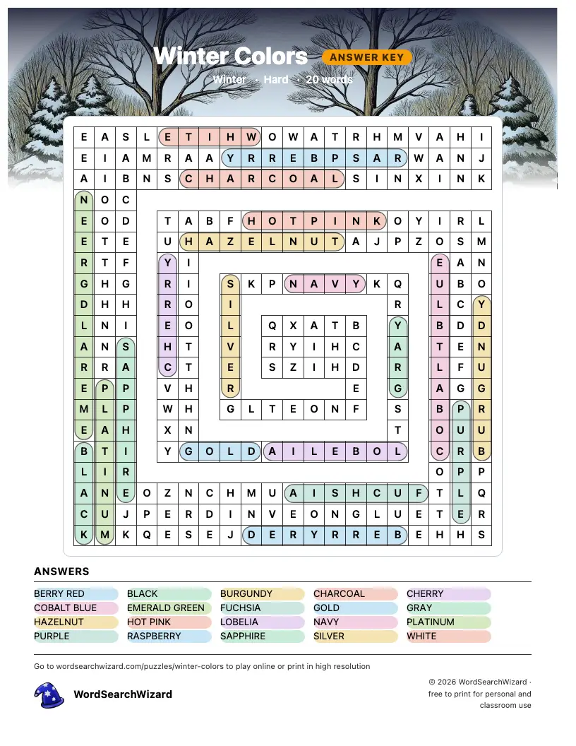 Winter Colors word search answer key, all 20 words marked