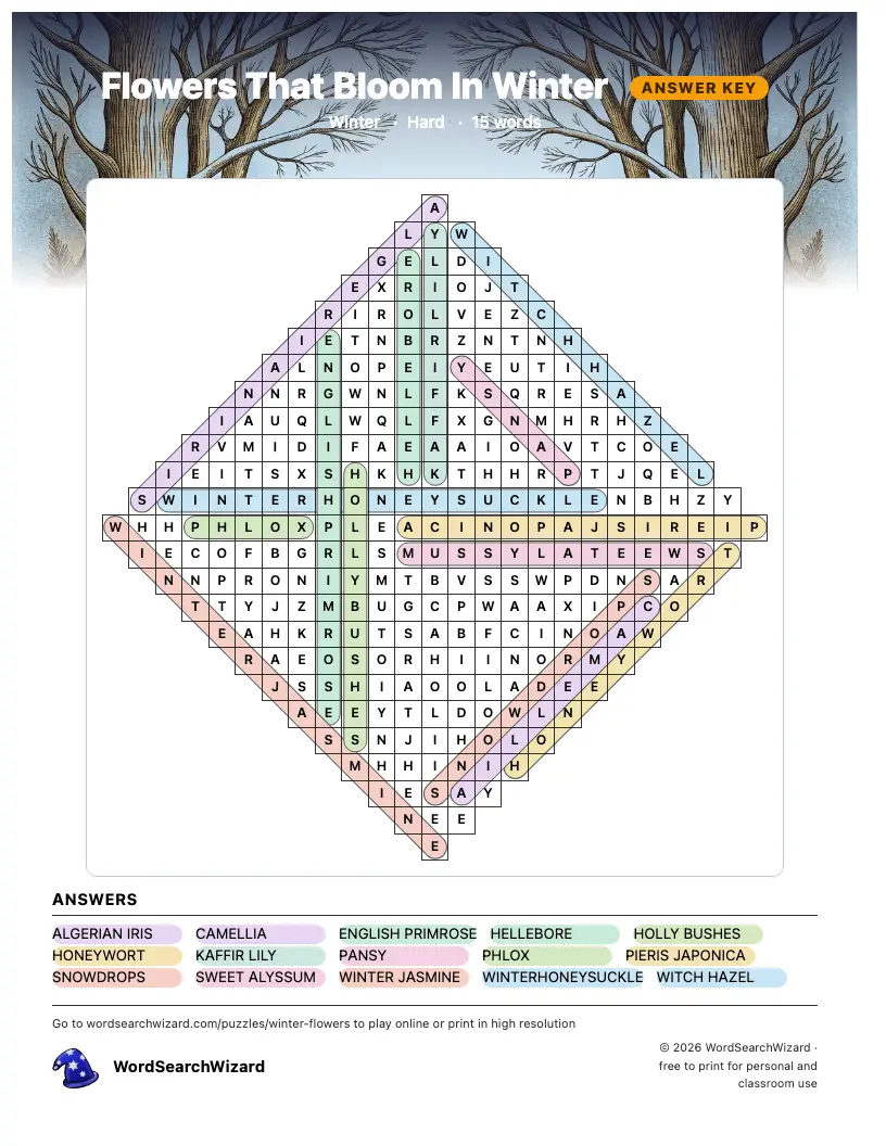 Flowers That Bloom In Winter word search answer key, all 15 words marked