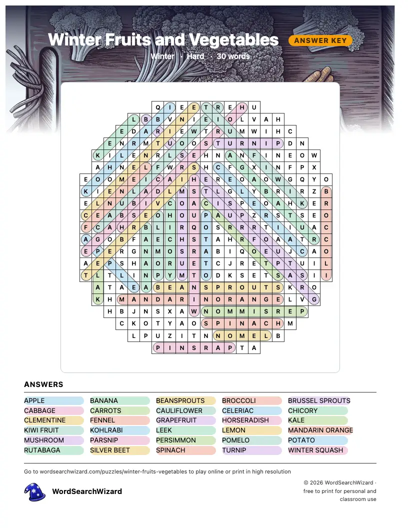 Winter Fruits and Vegetables word search answer key, all 30 words marked