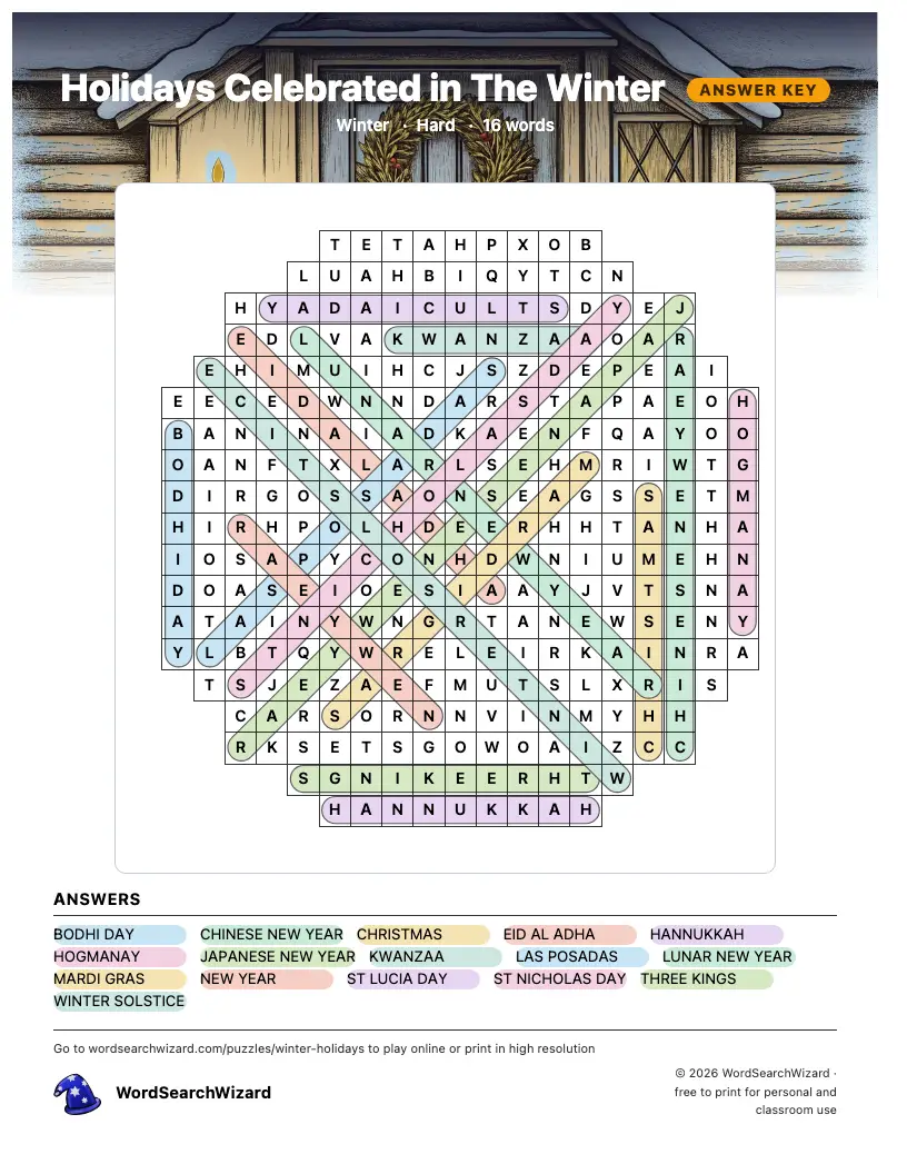 Holidays Celebrated in The Winter word search answer key, all 16 words marked