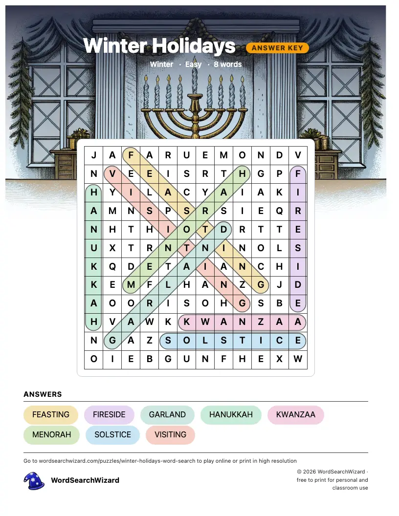 Winter Holidays word search answer key, all 8 words marked