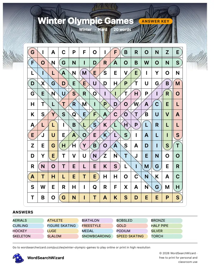 Winter Olympic Games word search answer key, all 20 words marked