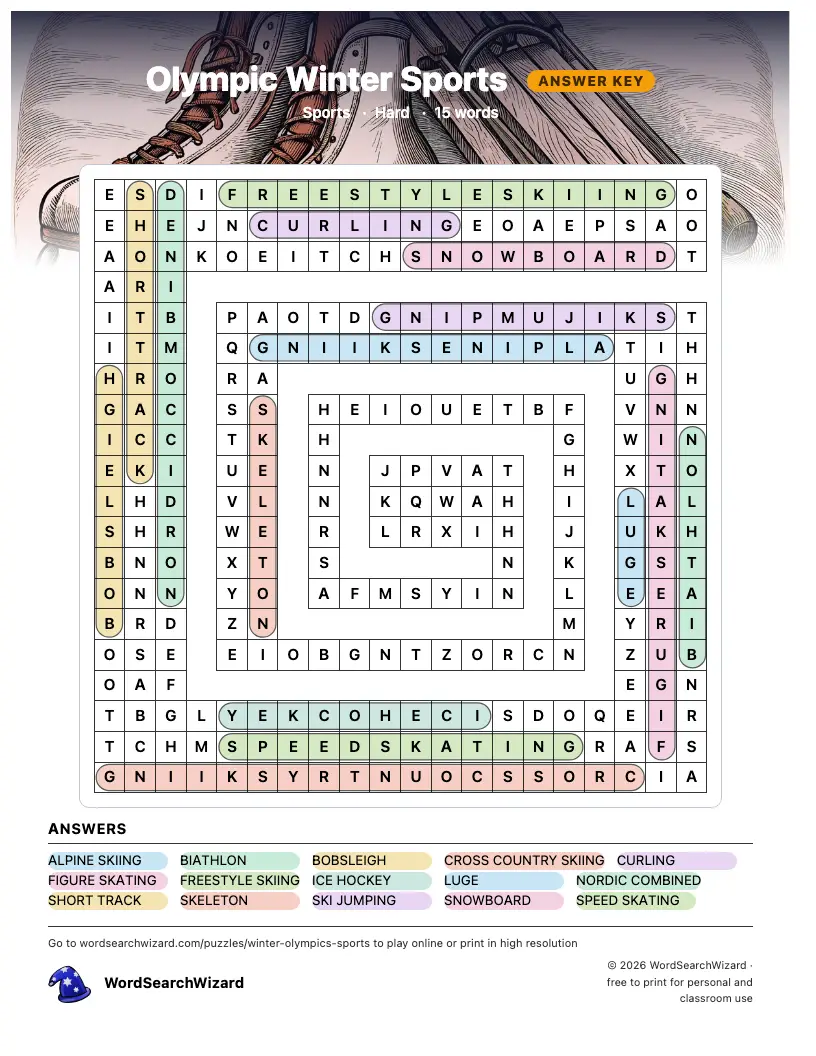 Olympic Winter Sports word search answer key, all 15 words marked