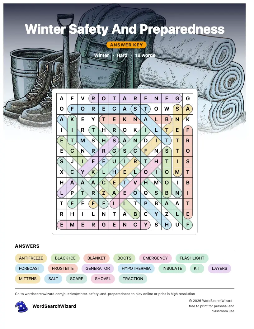 Winter Safety And Preparedness word search answer key, all 18 words marked