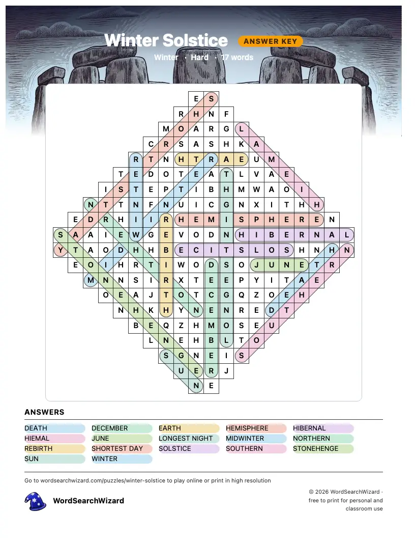Winter Solstice word search answer key, all 17 words marked