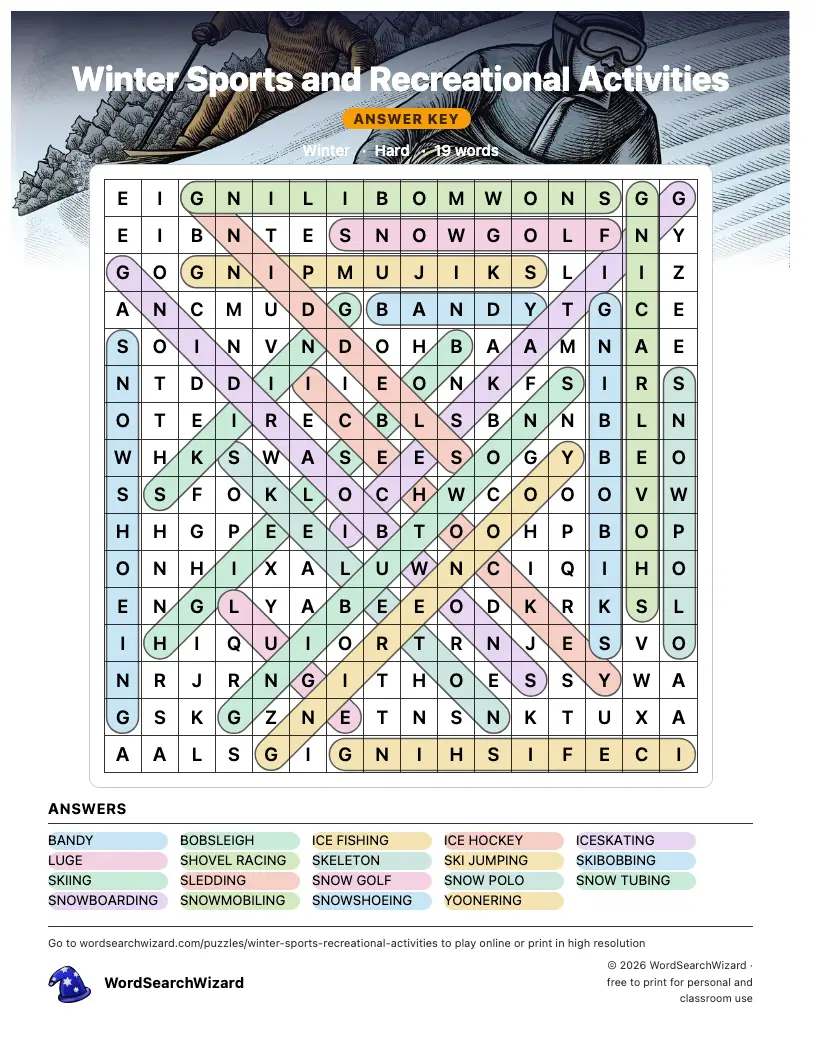 Winter Sports and Recreational Activities word search answer key, all 19 words marked