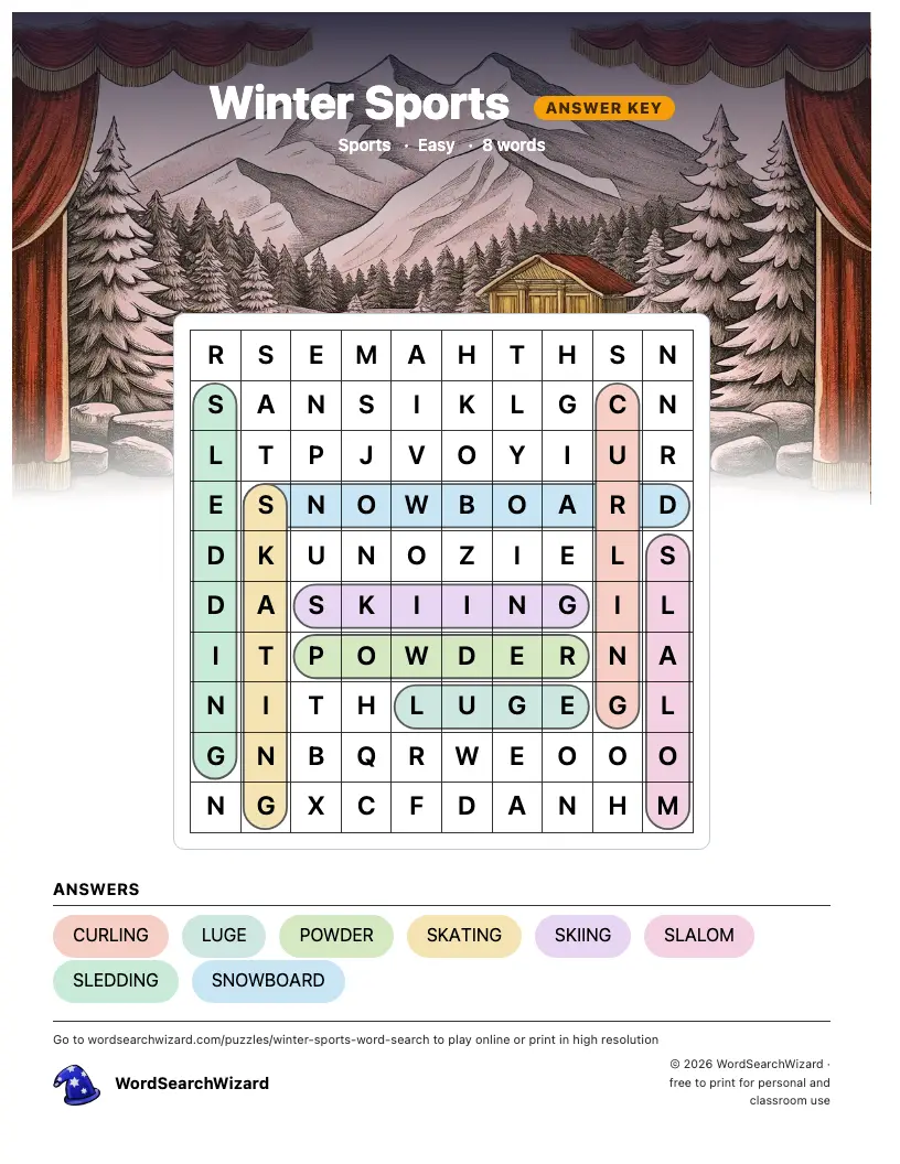 Winter Sports word search answer key, all 8 words marked