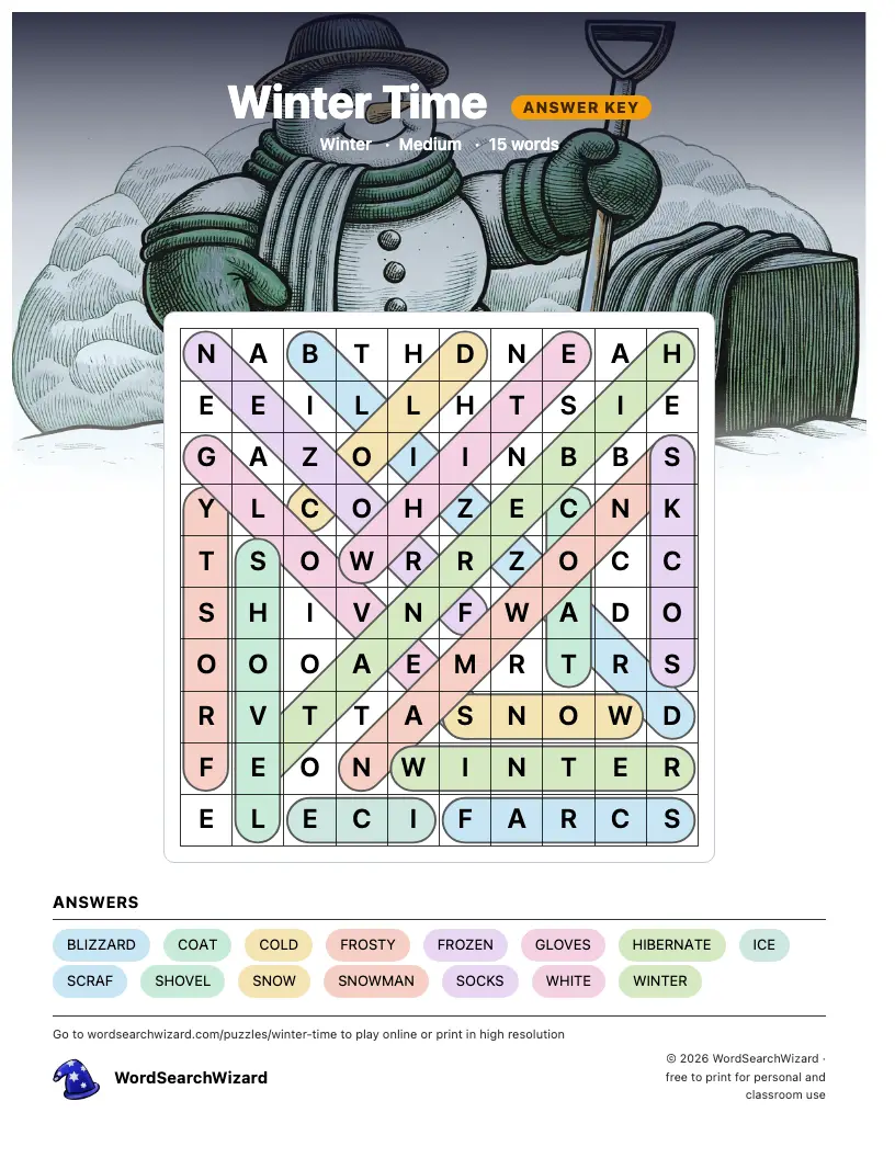 Winter Time word search answer key, all 15 words marked