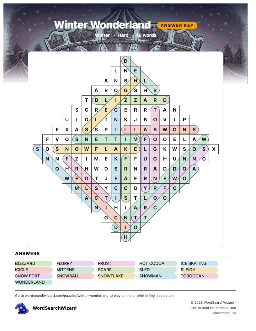 Winter Wonderland word search answer key, all 16 words marked