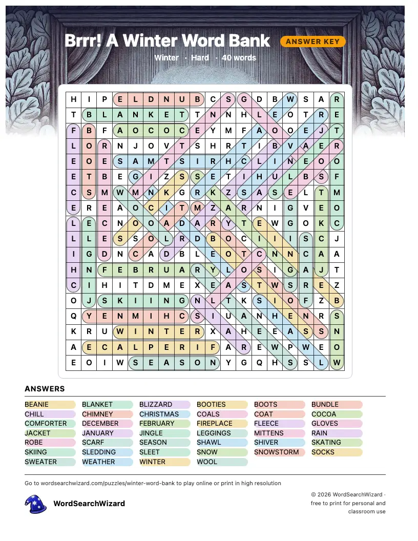 Brrr! A Winter Word Bank word search answer key, all 40 words marked