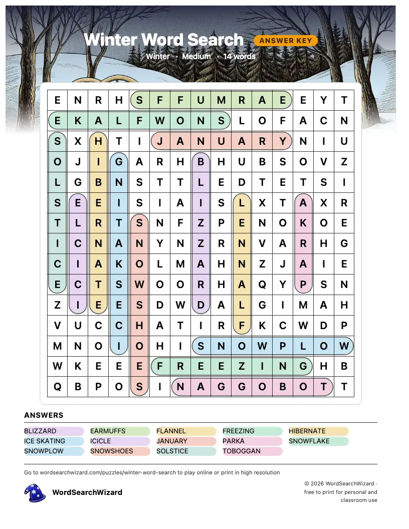 Winter word search answer key, all 14 words marked