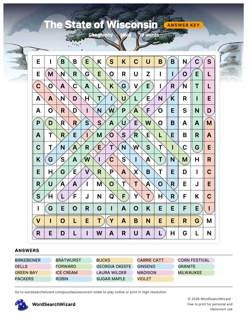 The State of Wisconsin word search answer key, all 19 words marked
