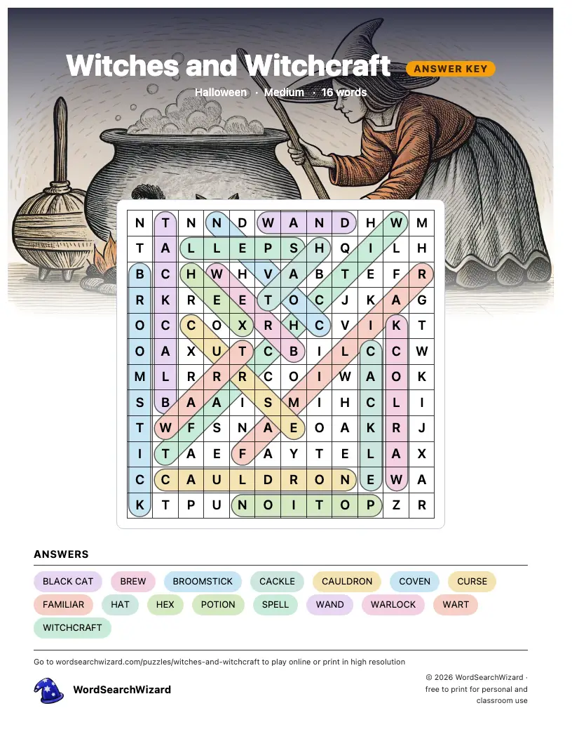 Witches and Witchcraft word search answer key, all 16 words marked