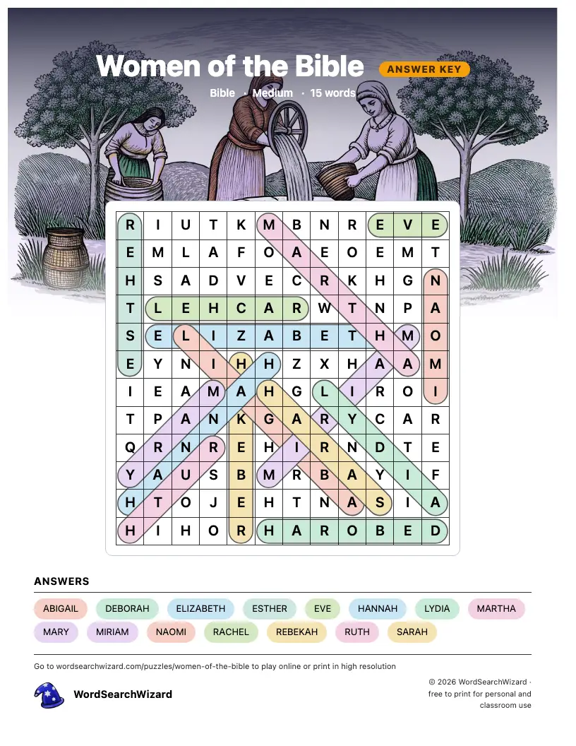Women of the Bible word search answer key, all 15 words marked
