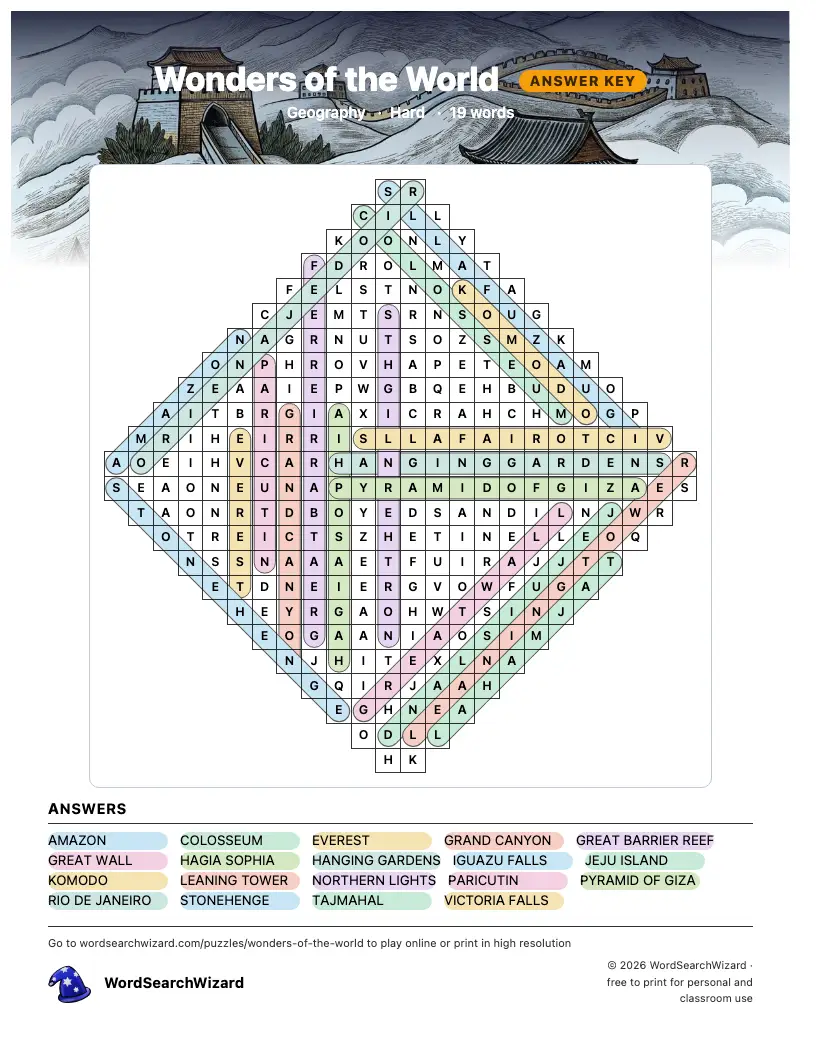 Wonders of the World word search answer key, all 19 words marked