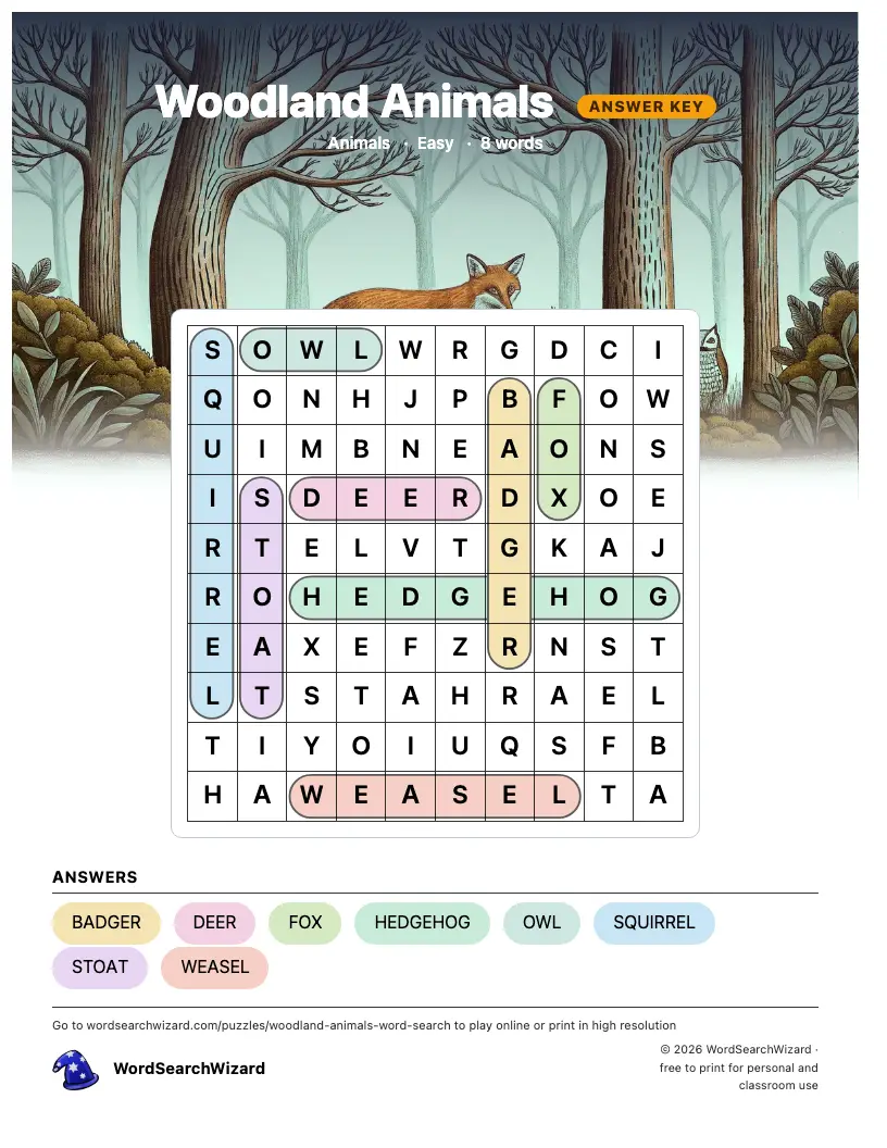 Woodland Animals word search answer key, all 8 words marked