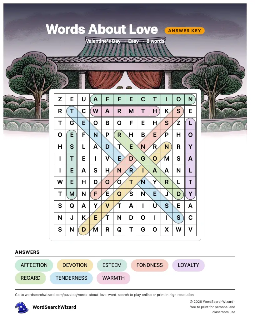 Words About Love word search answer key, all 8 words marked