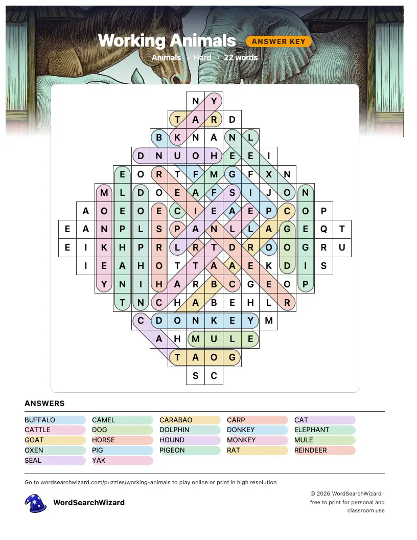 Working Animals word search answer key, all 22 words marked