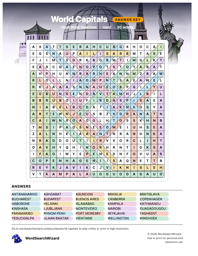 World Capitals word search answer key, all 30 words marked