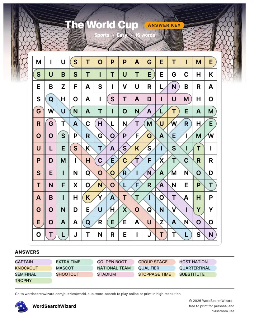 The World Cup word search answer key, all 16 words marked