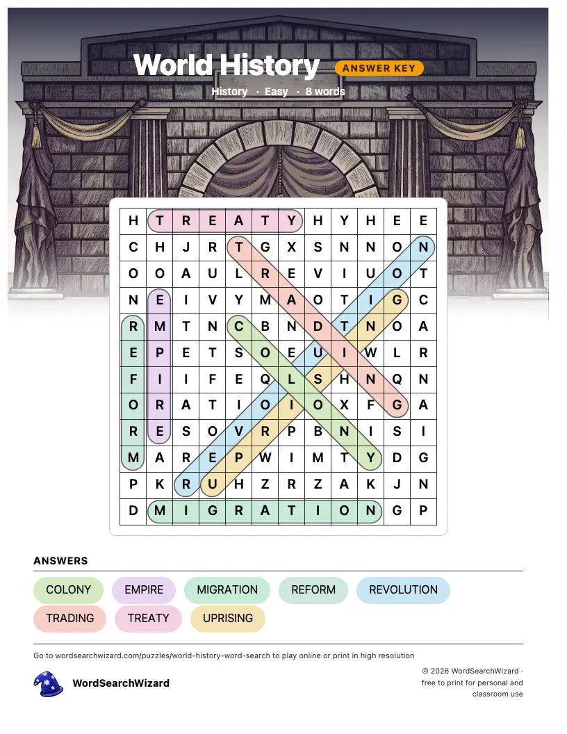 World History word search answer key, all 8 words marked