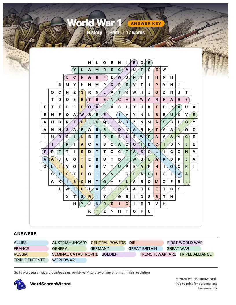 World War 1 word search answer key, all 17 words marked