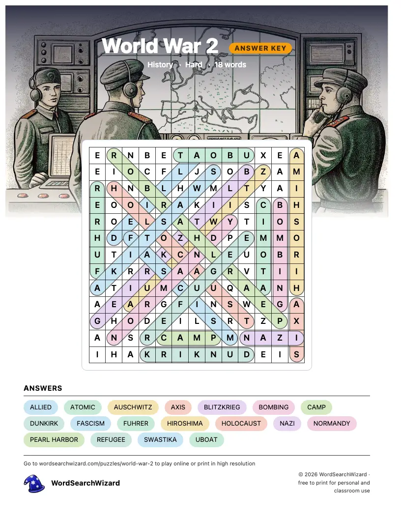 World War 2 word search answer key, all 18 words marked