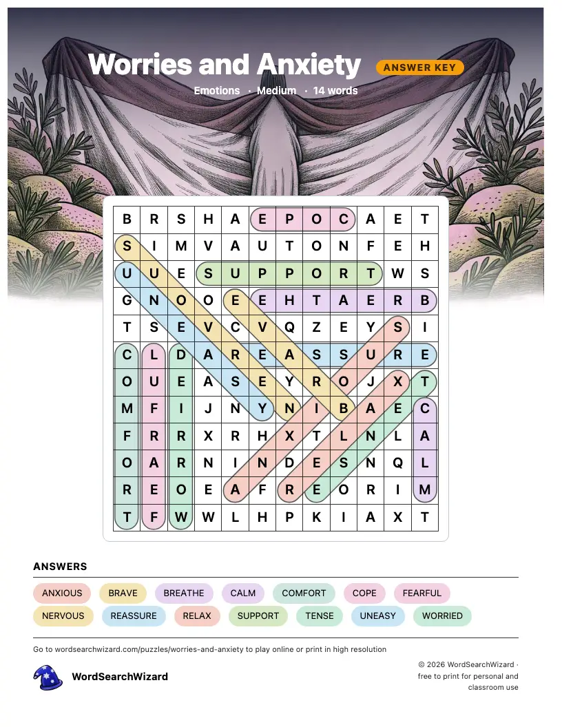 Worries and Anxiety word search answer key, all 14 words marked