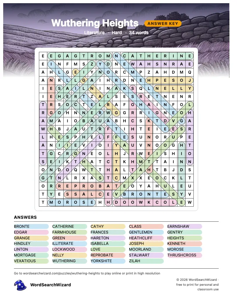Wuthering Heights word search answer key, all 34 words marked
