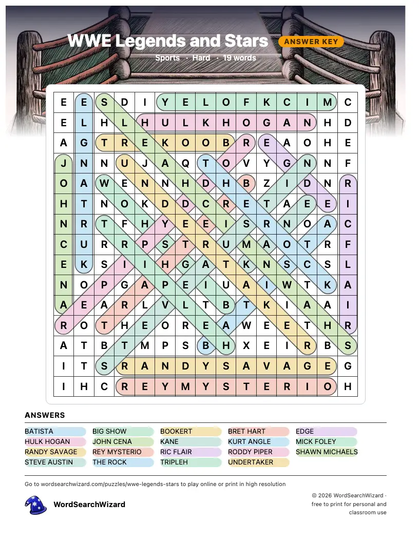 WWE Legends and Stars word search answer key, all 19 words marked