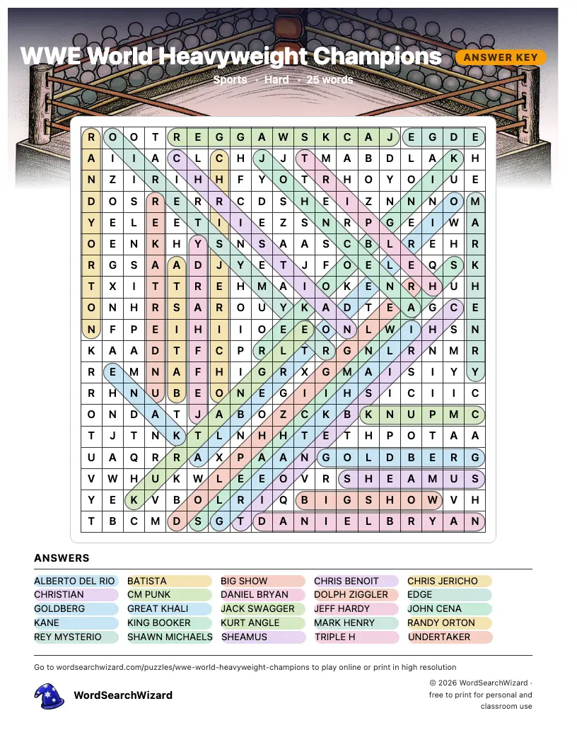 WWE World Heavyweight Champions word search answer key, all 25 words marked